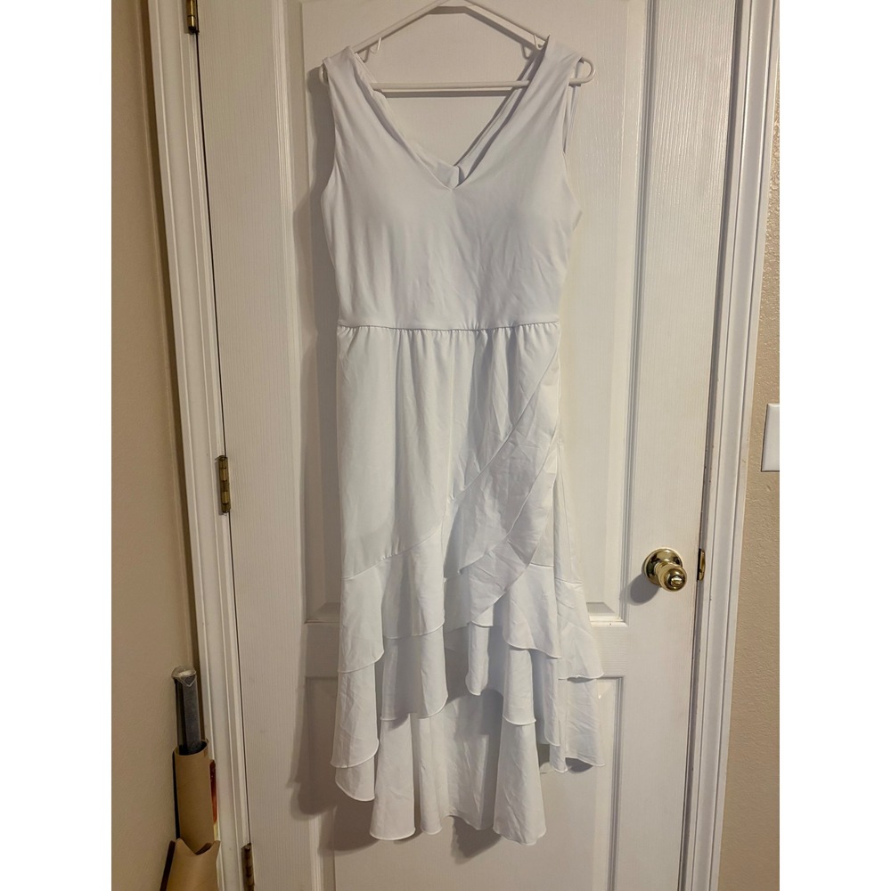 Halara Ruffle High-Low Dress NWOT Womens XL White Excellent Cutout Back Pockets